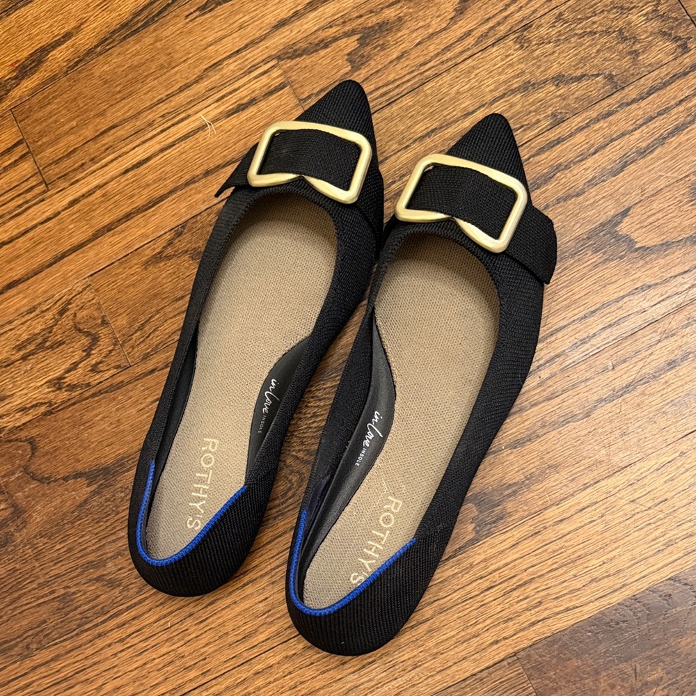 Rothy's Black Pointed-Toe Flat with Gold Buckle